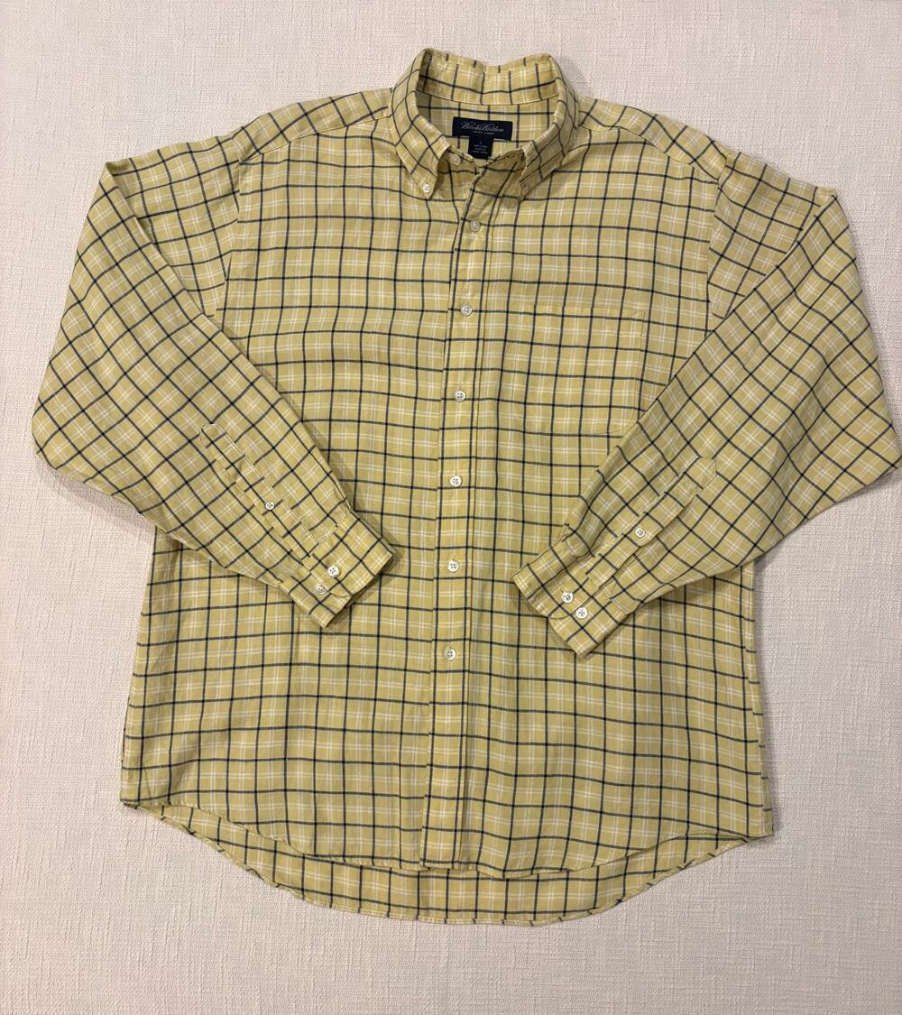 Brooks Brothers Mens L Irish Linen Yellow Navy Plaid Button Down Shirt